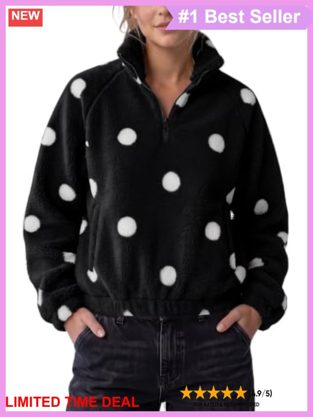 Oversized Sherpa Fleece Quarter Zip Polka Dot Pullover Cropped Sweatshirt